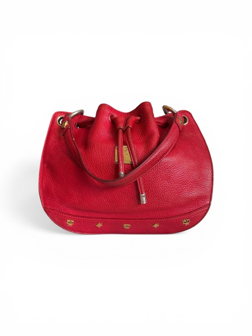 MCM Red Pebbled Leather Drawstring Shoulder Bag with COA